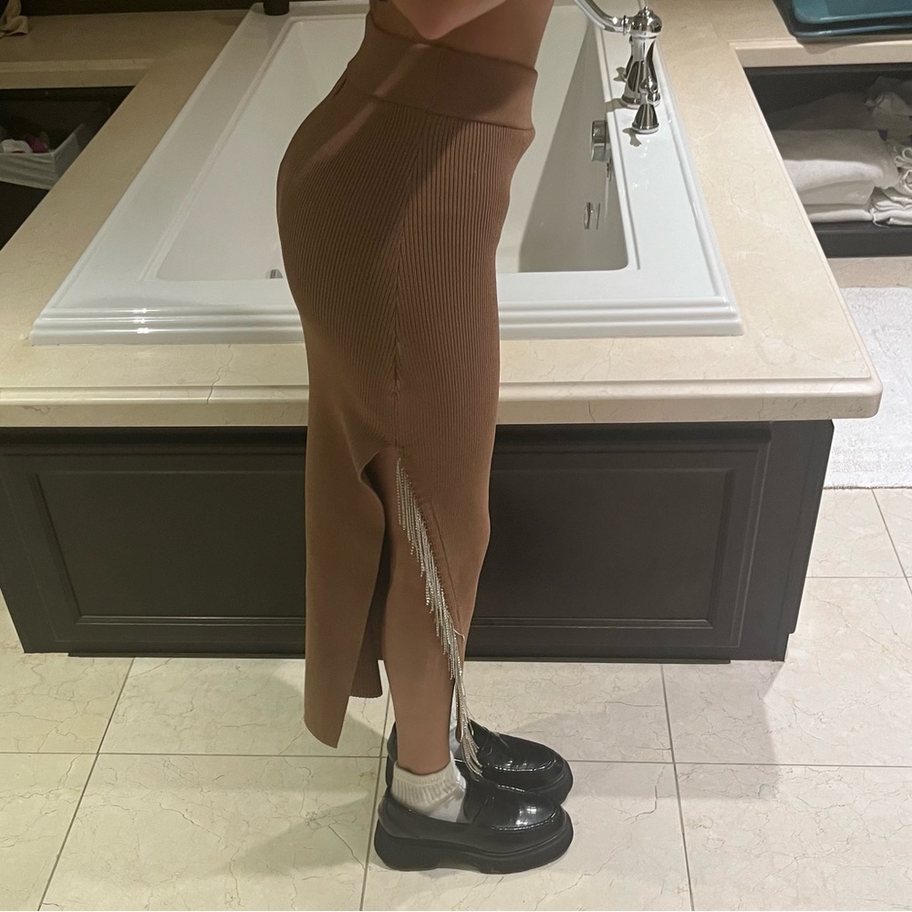 Nicholas Beige Ribbed Midi Skirt with slit down the side